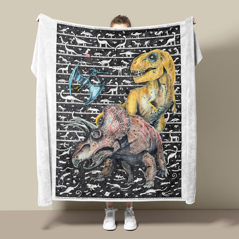 Dinosaur 3 Fleece Blanket - white - The Tiny Art Co
